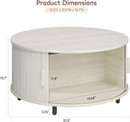 Round Coffee Table with Storage, 31.5" Modern Coffee Table with 360° Curved Sliding Door, Fluted Wood Coffee Table with Adjustable Footpads, Round Center Table for Living Room, Natural White