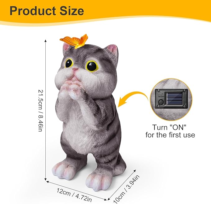 Solar Garden Decor Outdoor Statues Cat - Lawn Decor Statue for Patio, Balcony, Yard Ornament - Unique Gifts for Housewarming, Birthday, Christmas (Gray)