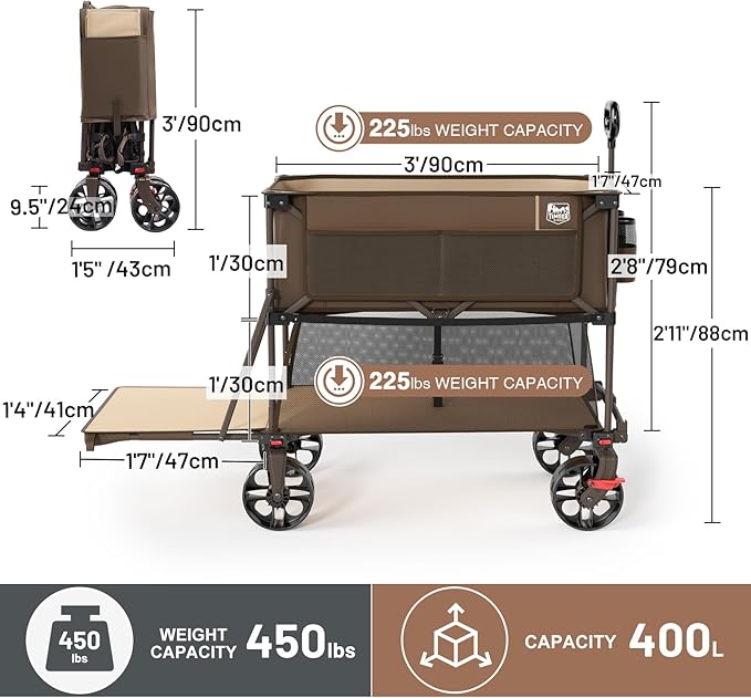 TIMBER RIDGE 400L Large Capacity Folding Double Decker Wagon with Brakes, 54" Extra Long Extender Wagon Cart, 450lbs Heavy Duty Collapsible Cart, All-Terrain Big Wheels for Camping, Sports, Shopping