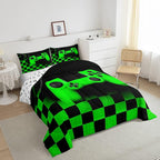 Gamer Comforter Set for Boys Home Decor Full 3pcs,Green Buffalo Plaid Check Novelty Bedding Set Microfiber Soft,Game Reversible Warm Duvet Insert,Gaming Gamepad Down Comforter with 2 Pillowcases