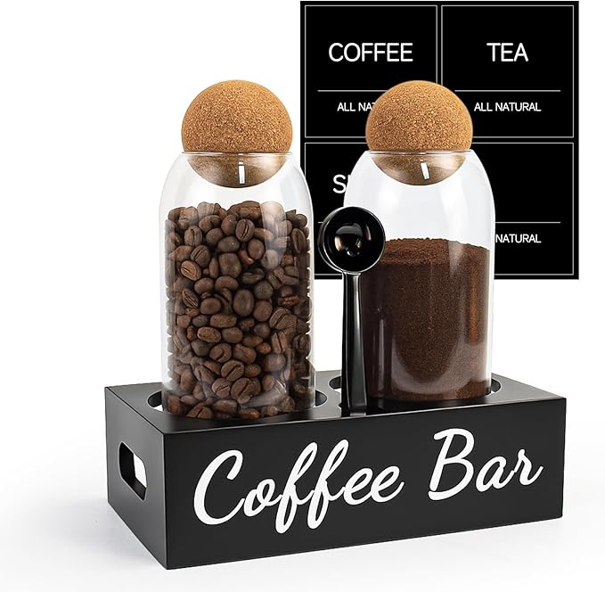 Coffee Container Set of 2 – 34oz Airtight Glass Coffee Bean Storage Jars with Wooden Lids, Metal Scoop & Wooden Base, Coffee Bar Organizer for Countertop, Tea & Sugar Canisters with Labels