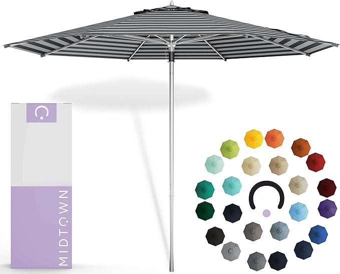 Midtown Umbrellas Push Pop Sunbrella Umbrella 9 Feet Outdoor Umbrella in Black & White Acrylic - Patio Umbrella, Backyard Umbrella, Garden Umbrella, Picnic Table Umbrella & Pool Umbrella - Black Pole