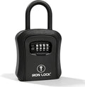Iron Lock® Medium Key Lock Box with Code, U-Shackle Opens Fully Out (Black) | Built-in key hooks + catch tray; hangs on handles, gates, fences or a hasp; wall-mountable; dial cover; no batteries