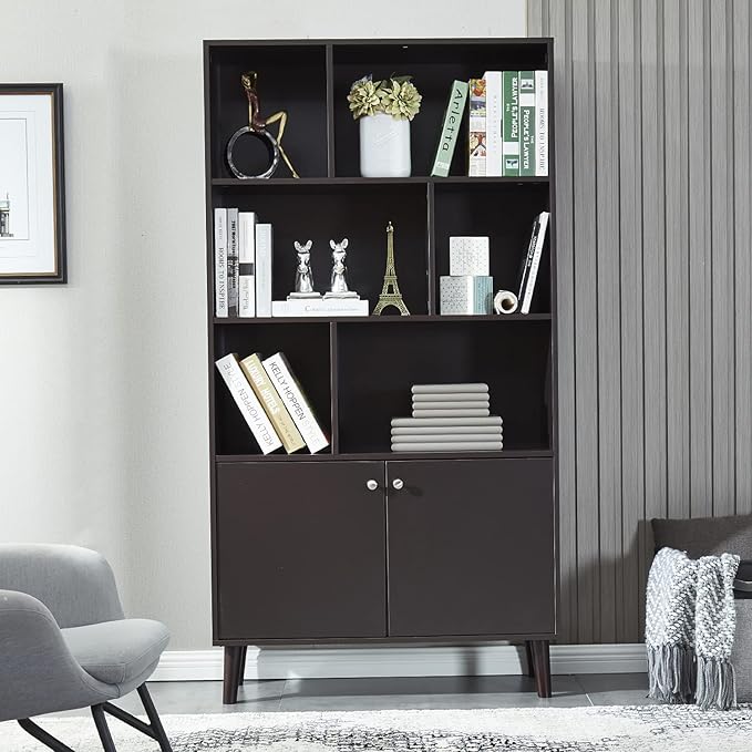 Modern Bookcase with 2 Doors, Shelf Organizer for Display, Wooden Bookshelf Library with 6 Storage Cabinet for Home Office (coffee)
