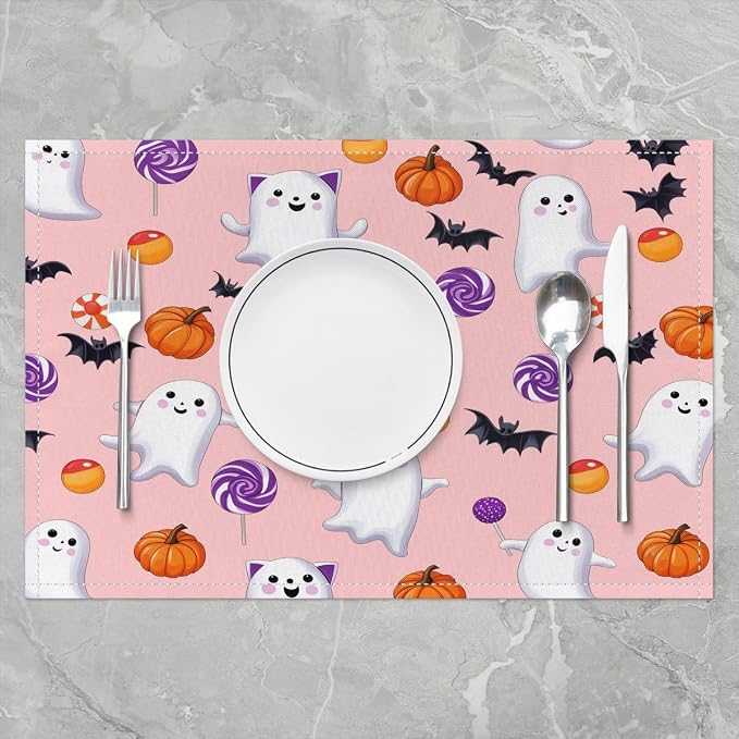 Feelyou Happy Halloween Placemats Set of 4 Cute Ghost Pumpkin Table Mats Orange Pink Place Mat for Kitchen Dining Table Party Decor Indoor Outdoor 18"x12" Non-Slip Easy to Clean Bats Pattern