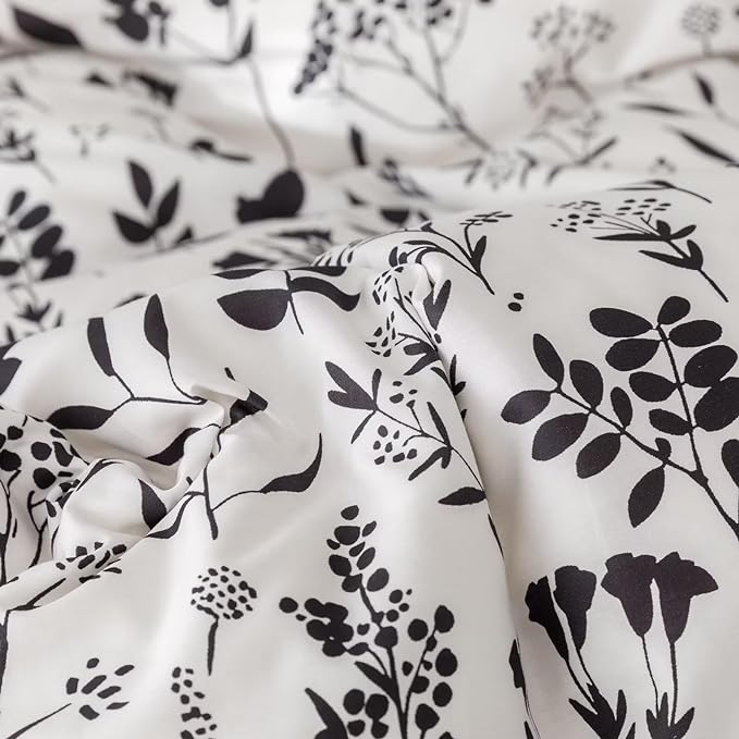 Botanical Comforter Set King White and Black Floral Plant Bedding Comforter Set Girls Garden Pattern Printed on White Blanket Rustic Leaf Blossom Women White Farmhouse Comforter King