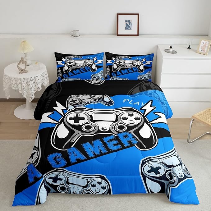 Erosebridal Gamer Comforter Sets for Boys Full Size,Gaming Bedding Sets for Boys Kids Teens Gamepad Gaming Comforter Set Game Room Decor,Blue Black 3Pcs