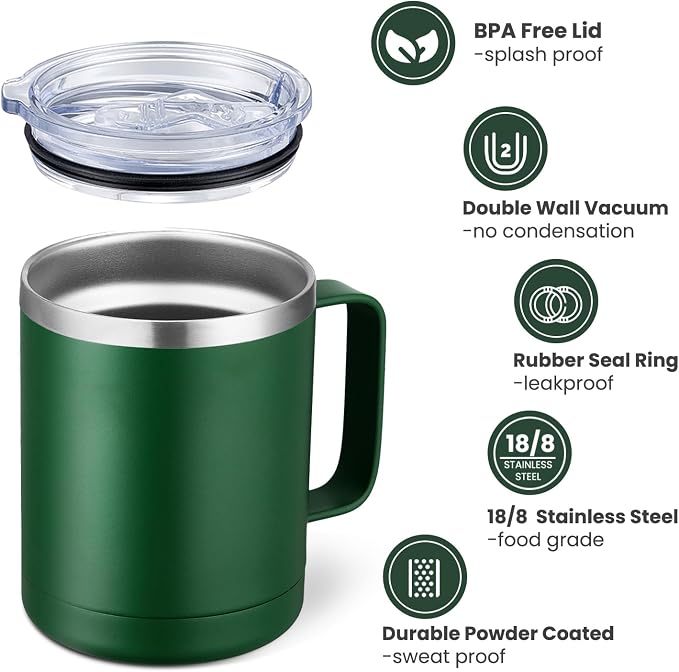 MEWAY 12oz Coffee Mug With Handle and Sliding Lid,Stainless Steel Travel Tumbler Cup with Handle,Double Wall Vacuum Insulated Camping Cup for Hot & Cold Drinks Tea (Forest Green,Set of 1)