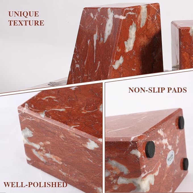Marble Book Ends Decorative, Unique Bookends for Shelves，Bookends to Hold Heavy Books Durable Book Holder Stopper for Home Office Desk Bookshelf Decoration, Set of 2, Rosso Francia