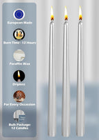 Hyoola 12 Pack Tall Metallic Taper Candles - 14 Inch Silver Metallic, Dripless, Unscented Dinner Candle - Paraffin Wax with Cotton Wicks