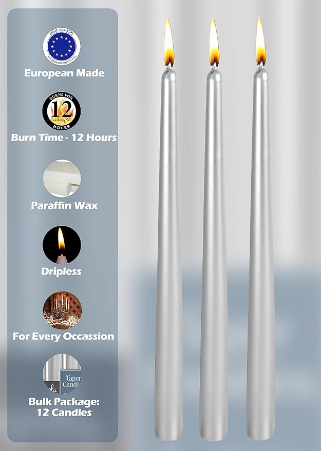 Hyoola 12 Pack Tall Metallic Taper Candles - 14 Inch Silver Metallic, Dripless, Unscented Dinner Candle - Paraffin Wax with Cotton Wicks
