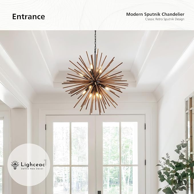 31.3" Farmhouse Sputnik Chandelier for Dining Room Rustic Handmade Natural Wood 16-Light Hanging Ceiling Pendant Light Fixture Starburst Wood Chandeliers for Kitchen Bedroom Foyer Hallway