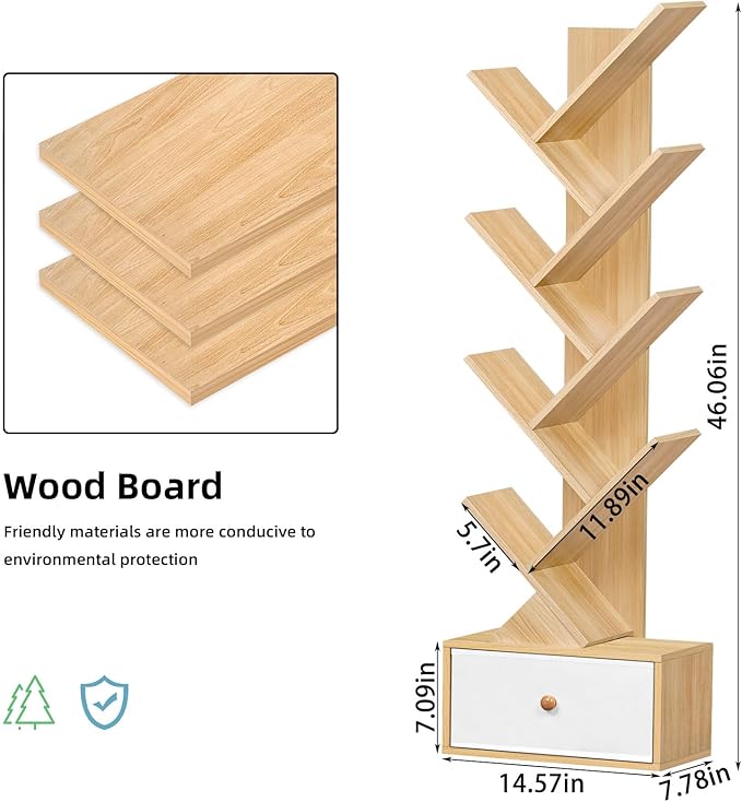 8 Tier Tree Bookshelf with Drawer, Free Standing Wood Bookcase for Narrow Space, Storage Organizer Bookshelves for Books, Book Case for Home Office, Living Room, Bedroom - Natural