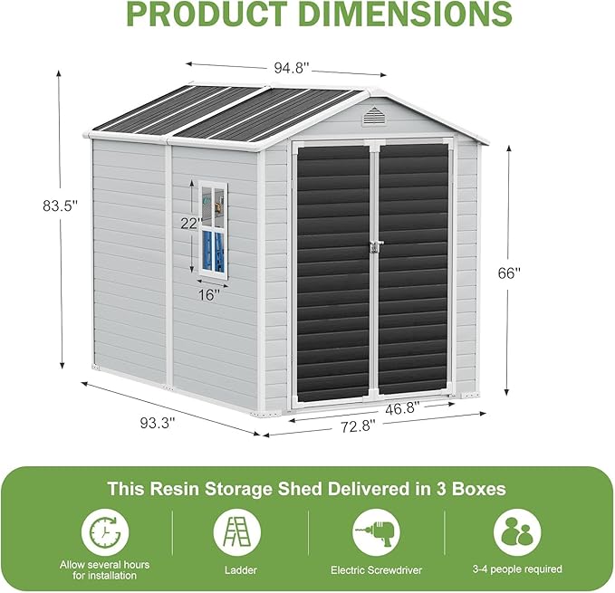 8x6 FT Outdoor Storage Shed, Waterproof Resin Shed with Floor Included & Lockable Door & Window & Vents, Outside Plastic Sheds for Backyard, Patio, Poolside, Lawn, Dove Grey