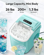 EUHOMY Countertop Ice Maker Machine with Handle, 26lbs Per Day, 9 Ice Cubes Ready in 6 Mins, Auto-Cleaning Portable Ice Maker with Basket and Scoop, for Home/Kitchen/Camping/RV (Green)