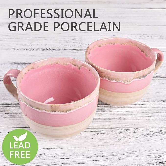 Bosmarlin Large Ceramic Coffee Mug Set of 2, Stoneware Jumbo Latte Mugs Tea for Office and Home, 16 Oz, Dishwasher and Microwave Safe(Pink, 2)