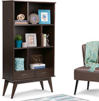 SIMPLIHOME Draper SOLID HARDWOOD 35 Inch Mid Century Modern Wide Bookcase and Storage Unit in Medium Auburn Brown, For the Living Room, Study Room and Office