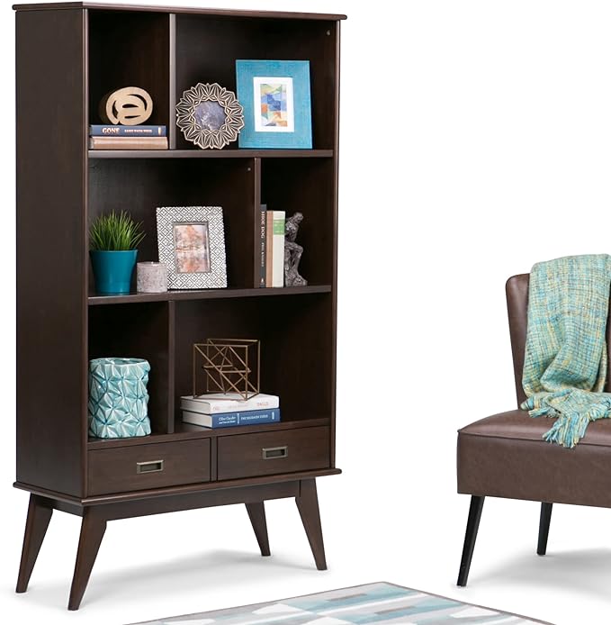 SIMPLIHOME Draper SOLID HARDWOOD 35 Inch Mid Century Modern Wide Bookcase and Storage Unit in Medium Auburn Brown, For the Living Room, Study Room and Office