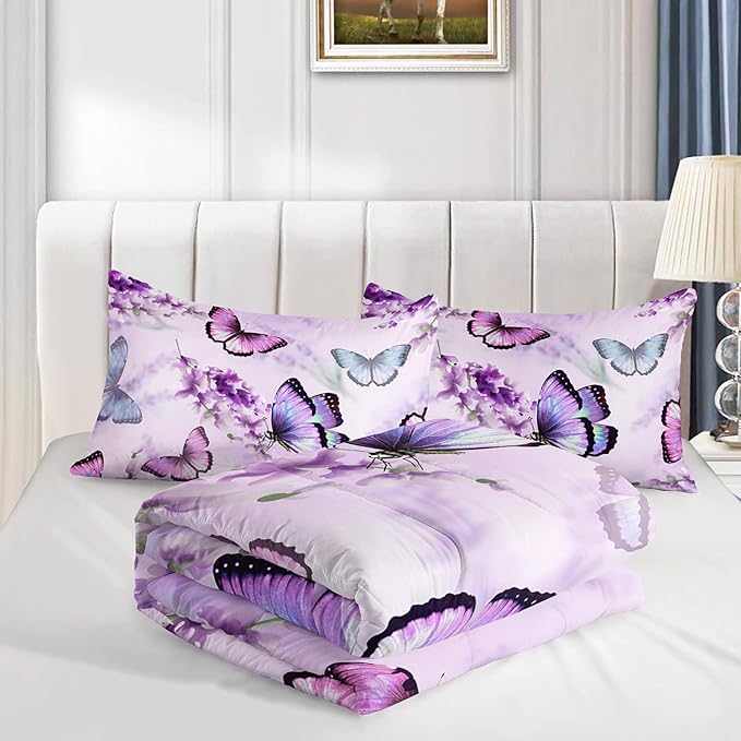 Purple Lavender Butterfly Comforter Set for Girl Kid Adult Colorful Butterfly Pattern Bedding Set Aesthetics Butterflies Quilt Bed Set Twin Size with 1 Comforter and 2 Pillowcases