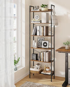 Bookshelf, Book Shelf, Industrial Bookcase with 2 Hooks, Coner Shelf Storage Organizer for Home Office, Living Room, Bedroom, Kitchen, 6-Tier Rustic Brown BC22701B