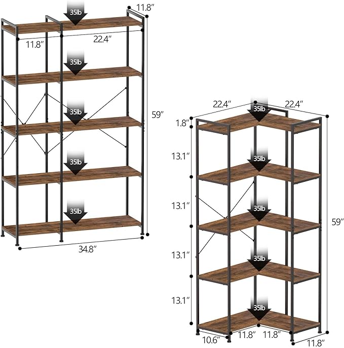 Bookshelf 5 Tier Deformable Corner Bookcase Free Standing Modern Industrial Book Storage Display Book Shelf for Bedroom Living Room Study Room Office (Brown)