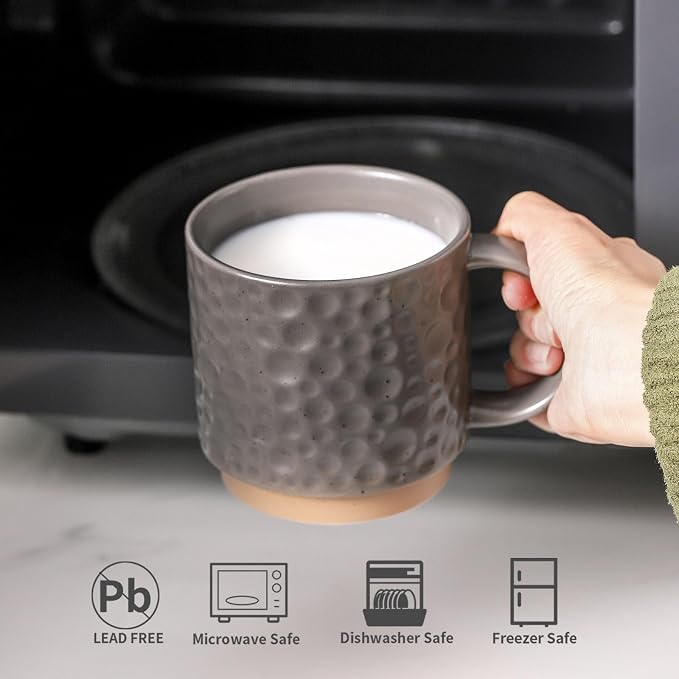 Nihow 16 Oz Ceramic Coffee Mug Set of 4 with Stackable Stand,Matte Gray | Stackable, Stainless Stand Included, Cappuccino & Tea, Hot/Cold Drinks, Dishwasher & Microwave Safe