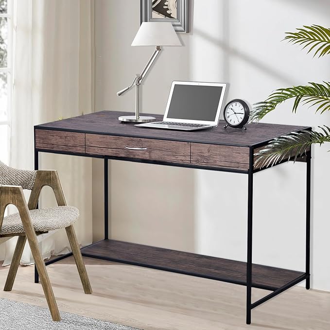 FurnitureR Vintage Wooden Computer Desk with Drawer, 43 Inches Industrial Writing Desk Workstation with Metal Legs and Bottom Shelf for Home Office, Brown