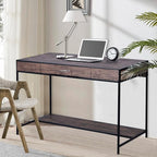 FurnitureR Vintage Wooden Computer Desk with Drawer, 43 Inches Industrial Writing Desk Workstation with Metal Legs and Bottom Shelf for Home Office, Brown