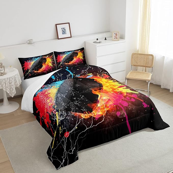 Erosebridal Hockey Bedding Set for Teen Boys Kids Winter Sports Full Comforter Set Grunge Hippie Tie Dye Ball Bed Comforter Sets Red Blue Fire and Water Lightning Quilt Duvet Insert 2 Pillow Cases