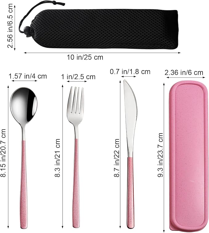 VANRA 3-Piece Portable Travel Utensils Set with Case 18/8 Stainless Steel Flatware Set Reusable Cutlery Set with Fork Spoon Knife for Lunch Travel Camping School Work Picnic (Pink)