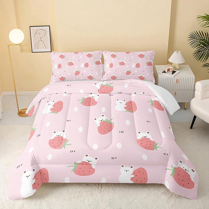 Cartoon Bear Comforter Twin Size,Pink Strawberry Comforter Set for Kids Teens Girls,3Pcs Bedding Set Printed Comforter with 2 Pillowcases,Down Alternative,Soft and Lightweight，Twin Size