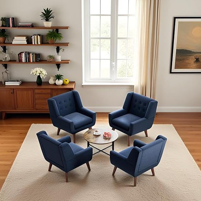 HUIMO Button-Tufted Accent Chairs Set of 2,Upholstered Reading Living Room Chair,Mid Century Modern Chair with Linen Fabric, Club Chair,Comfy Arm Chairs for Living Room,Bedroom,Dark Blue