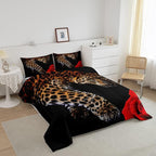 Erosebridal Leopard Comforter Set Queen Size,Red Rose Cheetah Bedding Set,Cat Leopard Print Down Comforter, Romantic Floral Quilted Duvet, Safari Animal Quilt Set, Stylish Bedroom Decor, Black