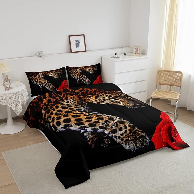 Erosebridal Leopard Comforter Set Queen Size,Red Rose Cheetah Bedding Set,Cat Leopard Print Down Comforter, Romantic Floral Quilted Duvet, Safari Animal Quilt Set, Stylish Bedroom Decor, Black
