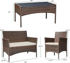 Greesum Patio Furniture 4 Pieces Conversation Sets Outdoor Wicker Rattan Chairs Garden Backyard Balcony Porch Poolside loveseat with Soft Cushion and Glass Table, Brown and Beige