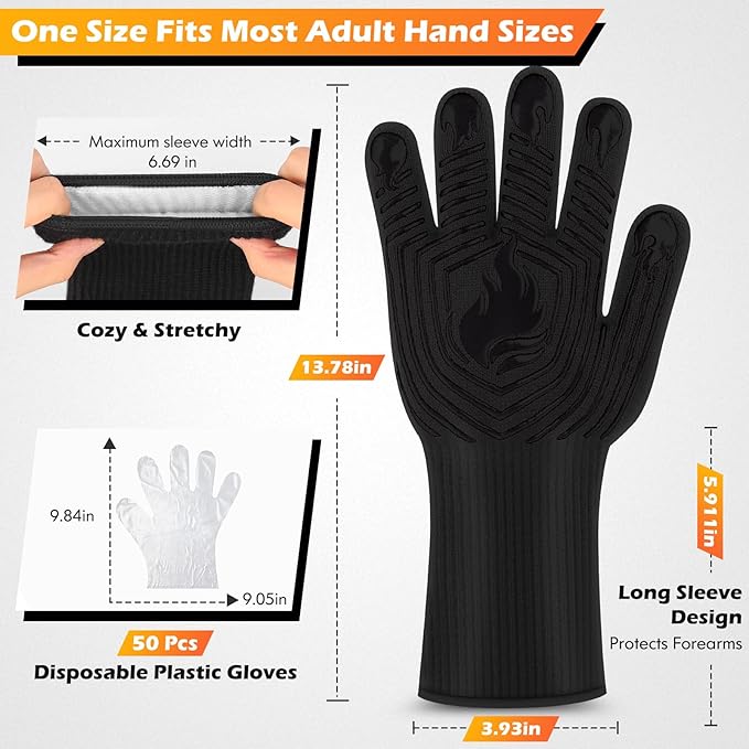 BBQ Gloves, 1472°F Heat Resistant Gloves Fireproof Mitts, Grilling Gloves Silicone Non-Slip Washable Oven Glove, Kitchen Glove for Barbecue, Grilling, Cooking, Baking, Camping, Smoker (Black)