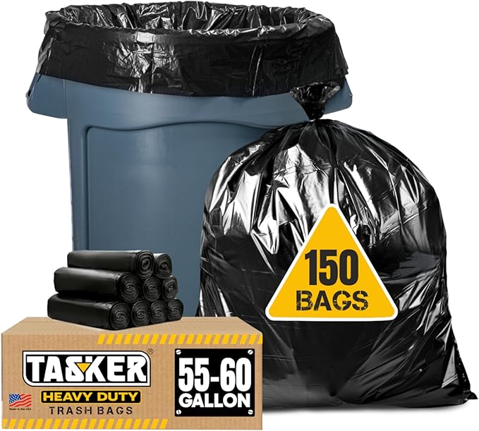 Tasker 55-60 Gallon Trash Bags Heavy Duty | Mega ValuePack 150 Bags | Large Black Garbage Bags | for Office, Commercial, Outdoor, Lawn, and Leaf