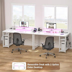 armocity Computer Desk with LED Lights, Gaming Desk with Power Outlet and USB, 40 Reversible Laptop Table with Moveable Monitor Stand, Small Desk for Small Spaces, Office, Gaming Room, White