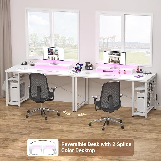 armocity Computer Desk with LED Lights, Gaming Desk with Power Outlet and USB, 40 Reversible Laptop Table with Moveable Monitor Stand, Small Desk for Small Spaces, Office, Gaming Room, White