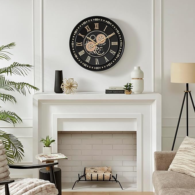CLXEAST 24 Inch Wall Clock with Moving Gears, Black Gold Roman Numeral Wall Clocks for Modern Farmhouse Living Room Decor,House Warming Gifts New Home