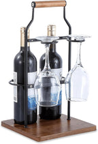 Countertop Wine Rack and Glass Holder | Portable Wine Caddy Holds 2 Bottles & 2 Glasses | Small Wine Rack with Wood Base, Perfect for Tabletop Wine Storage & Home Bar Decor (Black)
