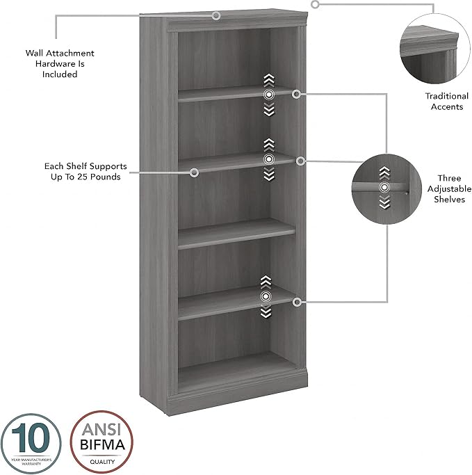 Bush Furniture Saratoga Tall 5 Shelf Bookcase in Modern Gray