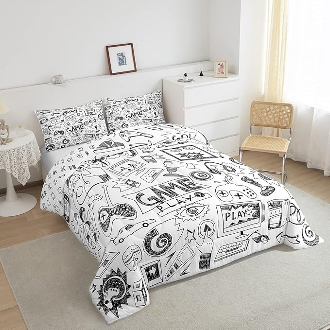 Erosebridal Gaming Comforter Set King, Kids Gamepad Cartoon Bedding Set Video Games Gamers Duvet Set Hip Hop Graffiti Quilt Set Racing Car Comforter Set, Black White Printed Bedroom Decor