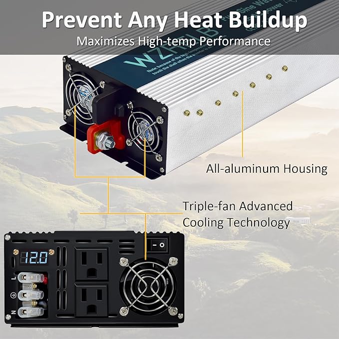 WZRELB 3000W Pure Sine Wave Inverter 24V DC to 110V 120V AC Power Converter with LED Display, Hardwire Terminal,Off-Grid Portable Power Inverter with Dual AC Outlets for Home, RV, Truck, Camping