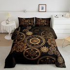 Golden Ndustrial Gear Comforter Set Queen Size Steampunk Style Bedding Set Clocks Theme Bedding Sets & Collections For Kids Boys Teens Men Mechanical Device Quilt Set,Retro Style Bedroom Decor