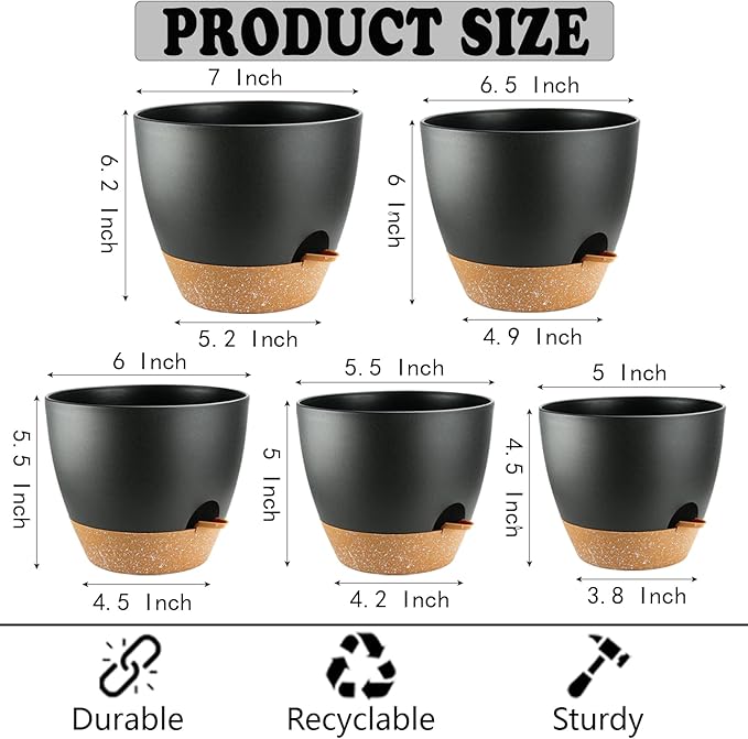 Self Watering Plants Pot with Drainage Hole, Flower Plants Pots for Indoor & Outdoor, Black Plastic Self Watering Planters Succulent Pot 5pcs/Set
