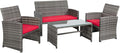 Shintenchi 4-Piece Outdoor Gray Wicker Patio Conversation Furniture Set, Rattan Patio Furniture Set with Weather Resistant Cushions and Tempered Glass Tabletop,Red