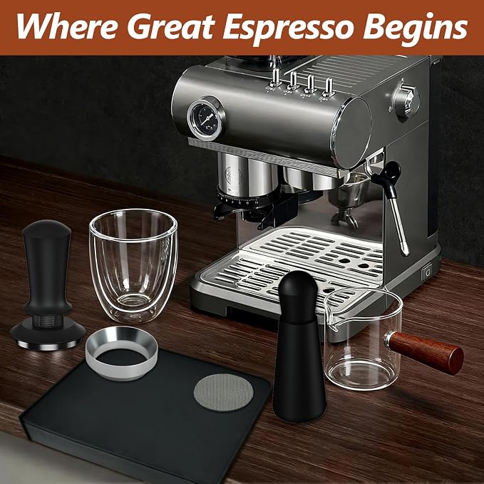 7 Pcs 53mm Espresso Accessories Kit, Spring Loaded Calibrated Tamper, WDT Tool, Coffee Measuring & Espresso Cup and Tamper Mat, Puck Screenr & Dosing Funnel, Fit 54mm Espresso Machines & Portafilters