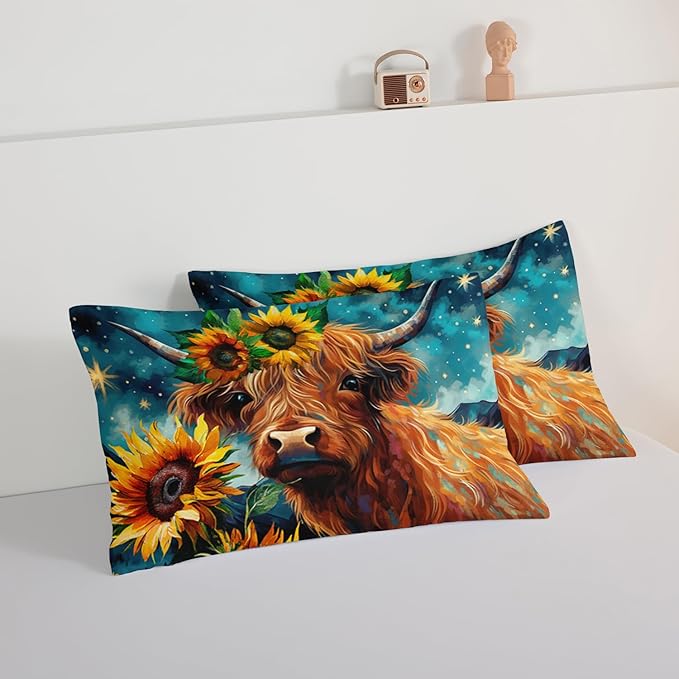 HOSIMA Highland Cow Comforter Set,Western Farmhouse Animals Cow and Sunflower Print Bedding Set 3Pcs with 2 Pillowcases,Galaxy Star Moon Queen Comforter Set,Floral Wild Animal Room Decor.