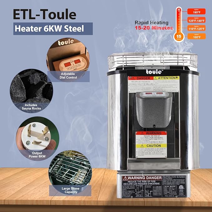 Outdoor Barrel Steam Sauna with Porch, Canadian Red Cedar Sauna 6 Person, 6KW ETL Toule Heater, 220V, Waterproofing System with Saunas Stones, Asphalt Shingles, Rubber Base(0-195℉)